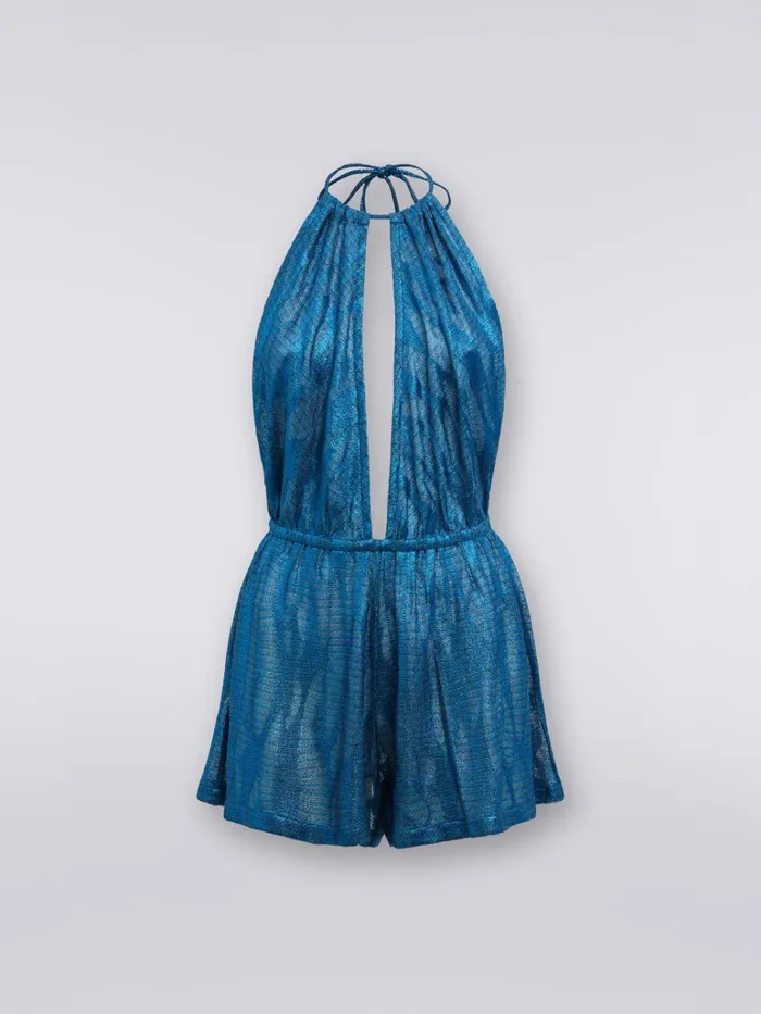 Women Short Jacquard Viscose Knit Jumpsuit Blue Missoni Dresses