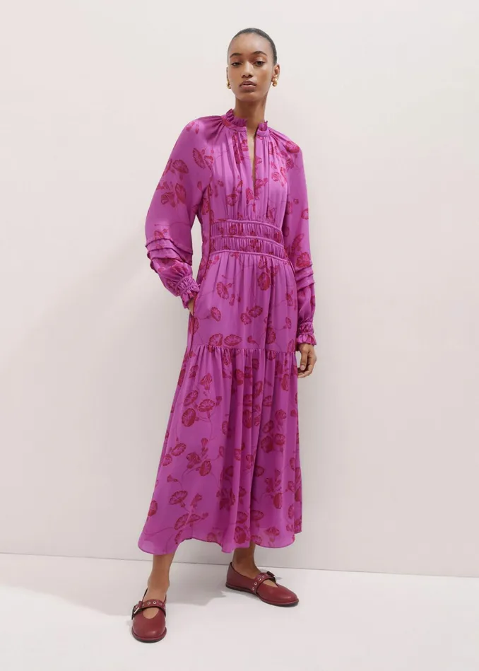 Women Silk Delicate Winter Floral Print Maxi Dress Winter Irisintense Red MEEM