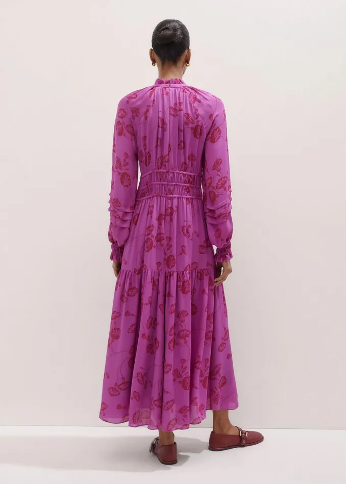 Women Silk Delicate Winter Floral Print Maxi Dress Winter Irisintense Red MEEM