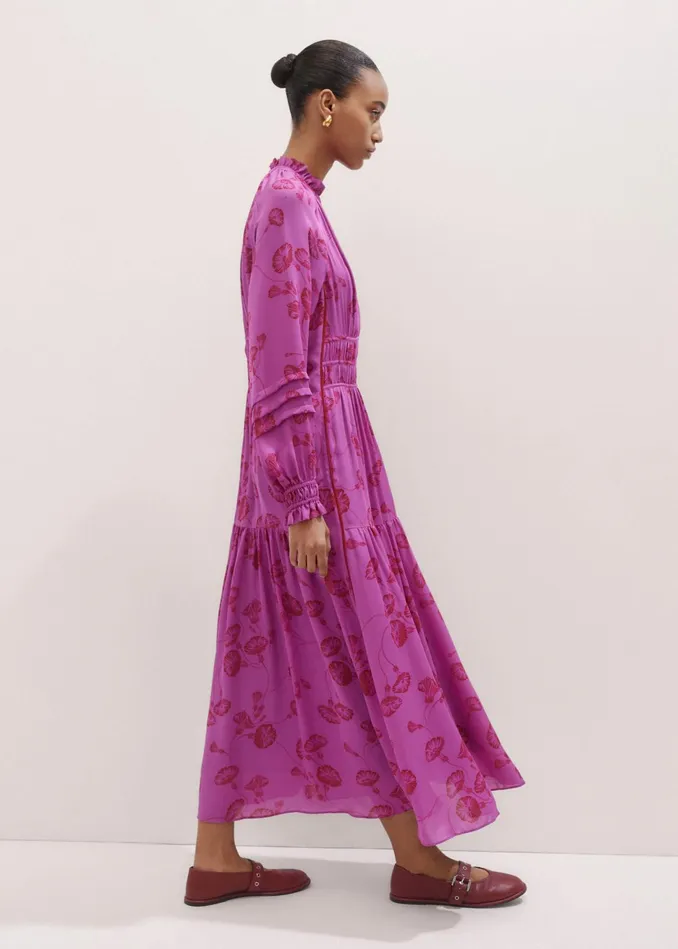Women Silk Delicate Winter Floral Print Maxi Dress Winter Irisintense Red MEEM