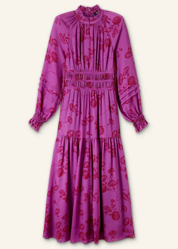 Women Silk Delicate Winter Floral Print Maxi Dress Winter Irisintense Red MEEM