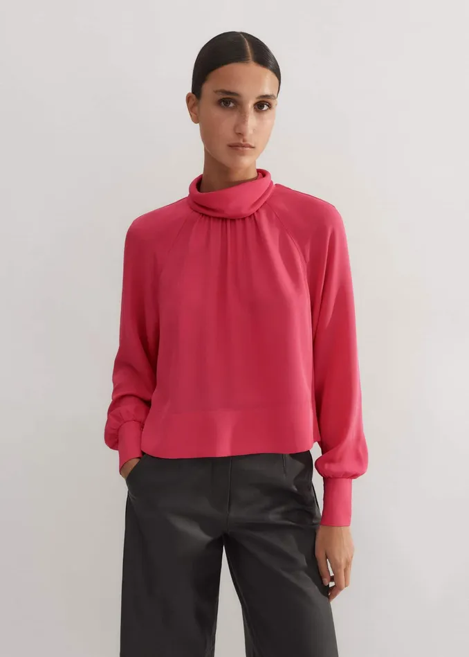 Women Silk High Neck Raglan Sleeve Top Bright Berry MEEM