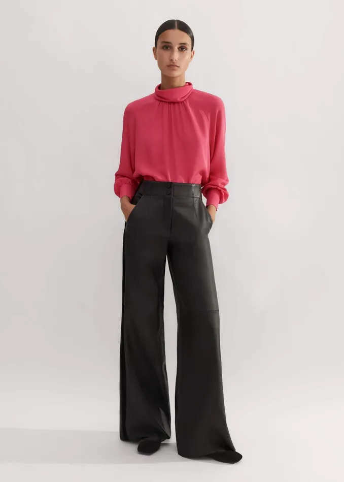 Women Silk High Neck Raglan Sleeve Top Bright Berry MEEM
