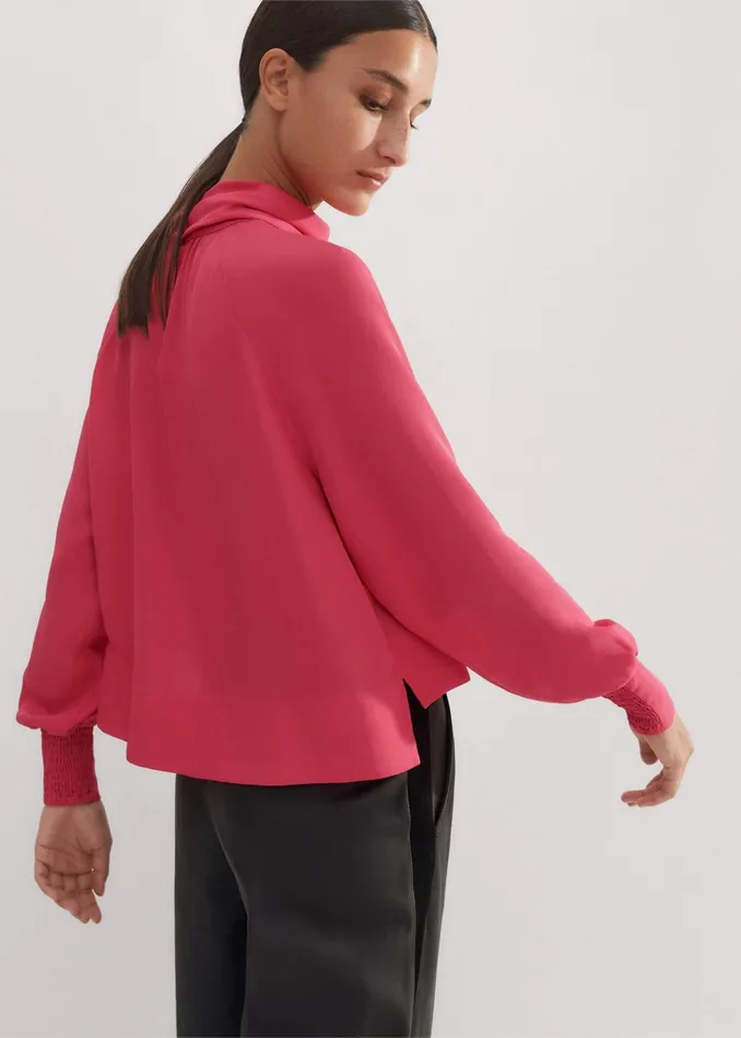 Women Silk High Neck Raglan Sleeve Top Bright Berry MEEM