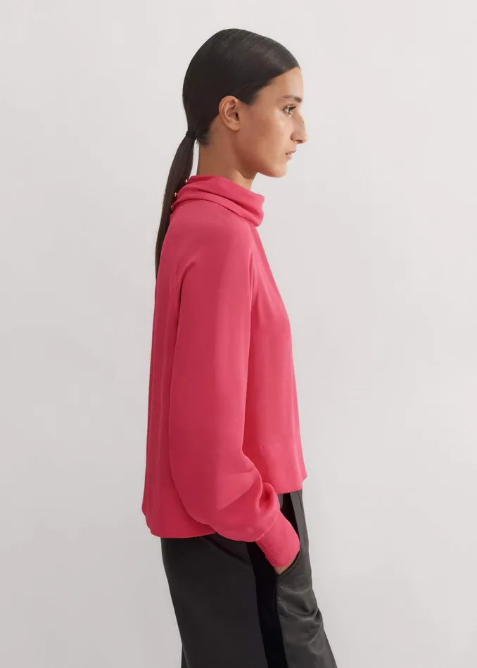 Women Silk High Neck Raglan Sleeve Top Bright Berry MEEM