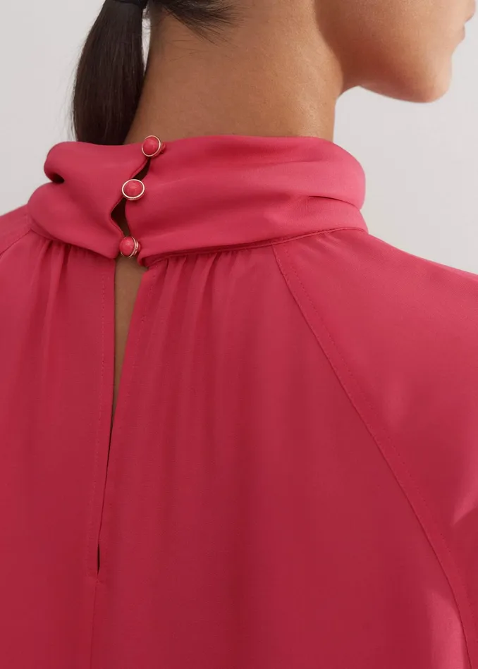 Women Silk High Neck Raglan Sleeve Top Bright Berry MEEM