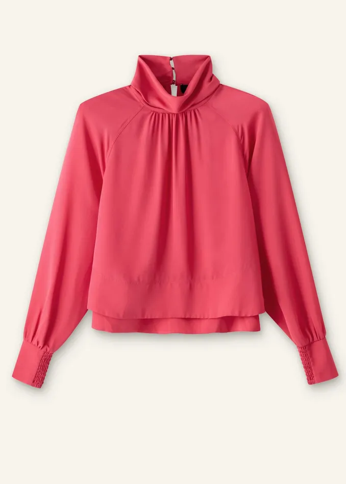 Women Silk High Neck Raglan Sleeve Top Bright Berry MEEM
