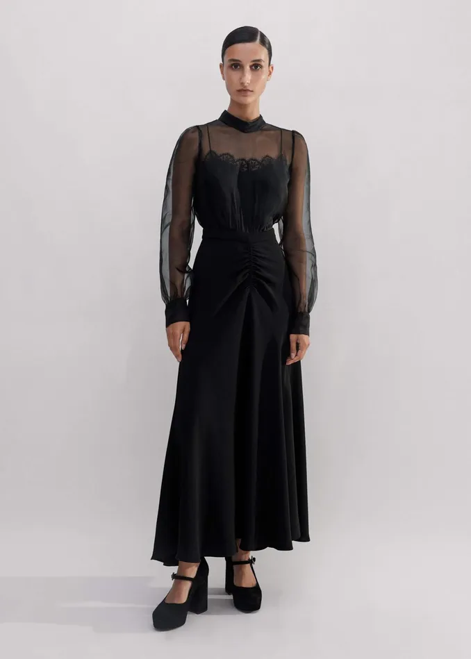 Women Silk Organza Lace Maxi Dress Black MEEM
