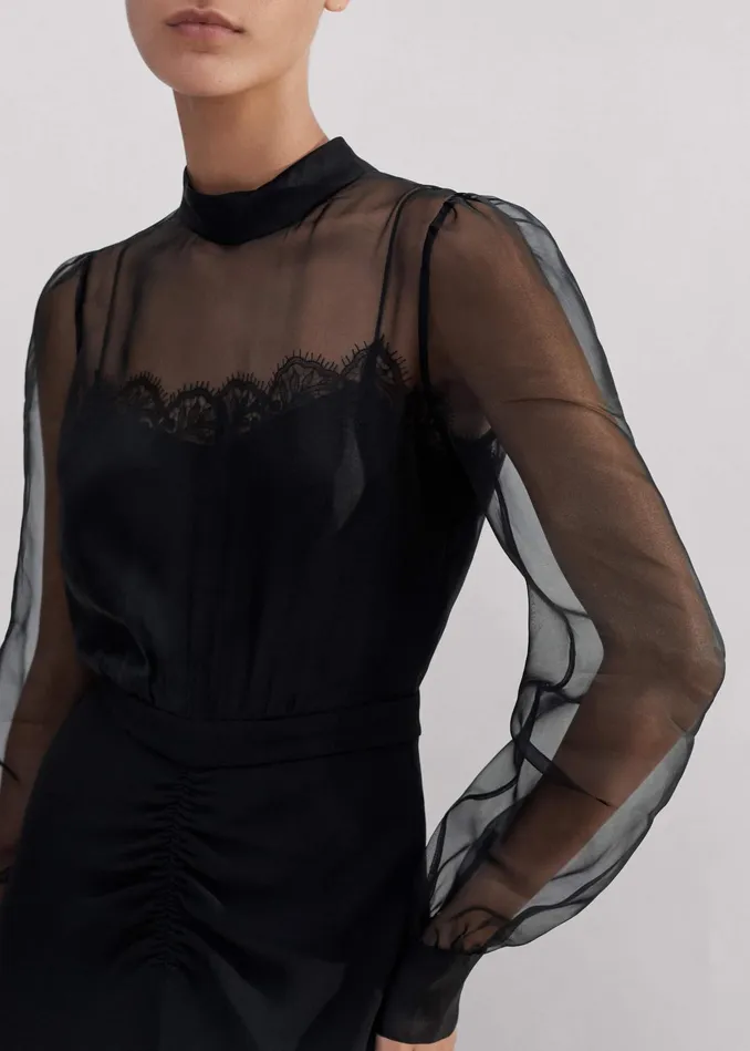 Women Silk Organza Lace Maxi Dress Black MEEM