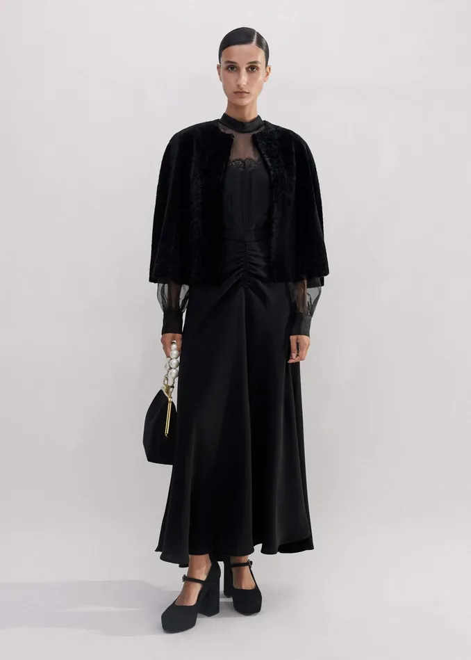 Women Silk Organza Lace Maxi Dress Black MEEM