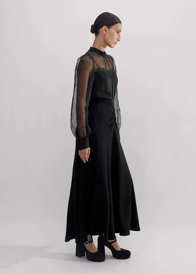 Women Silk Organza Lace Maxi Dress Black MEEM