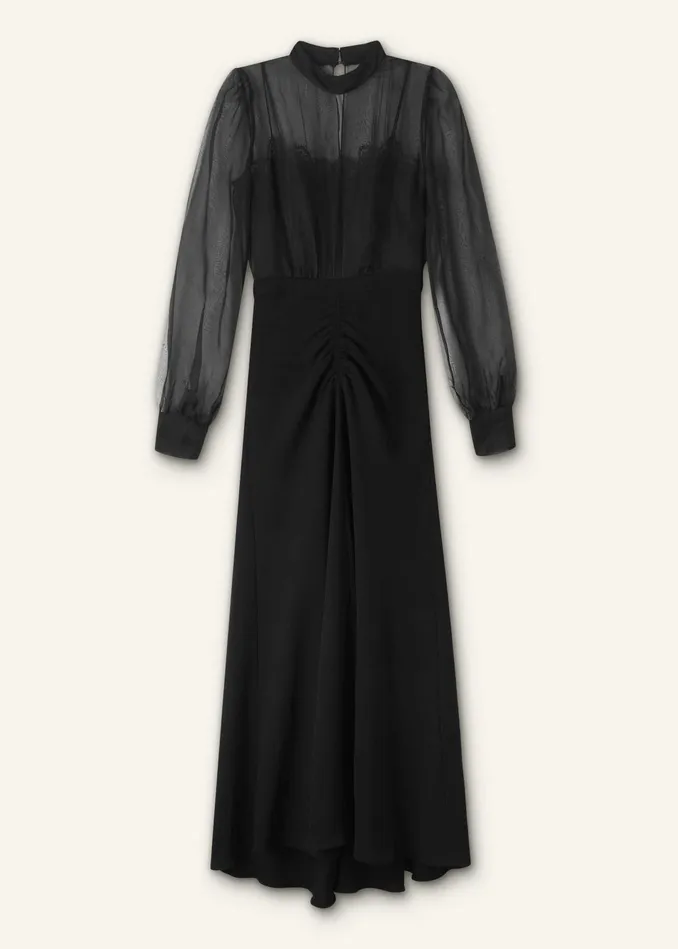 Women Silk Organza Lace Maxi Dress Black MEEM