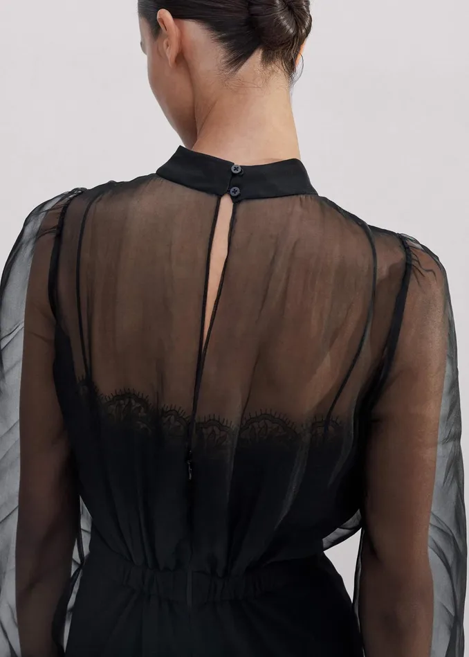 Women Silk Organza Lace Maxi Dress Black MEEM