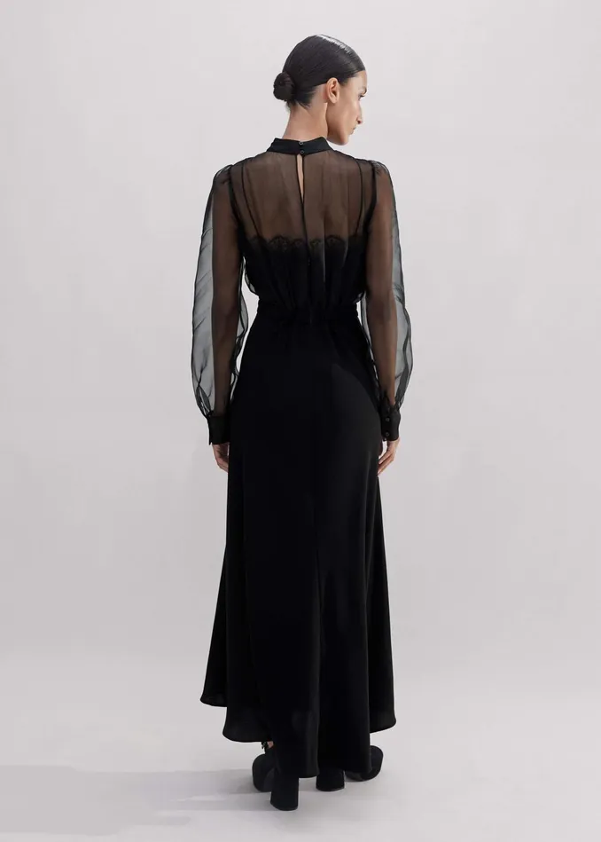 Women Silk Organza Lace Maxi Dress Black MEEM