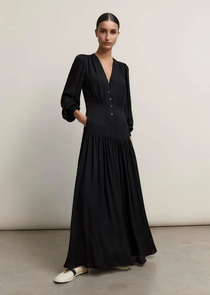 Women Silk Statement VNeck Maxi Dress Belt Black MEEM