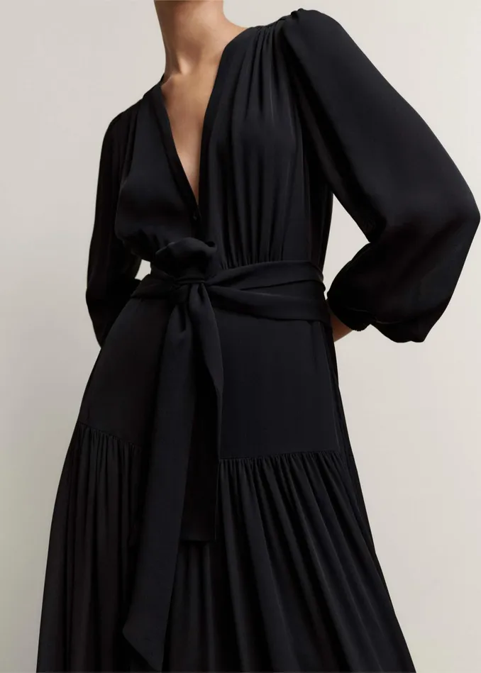 Women Silk Statement VNeck Maxi Dress Belt Black MEEM