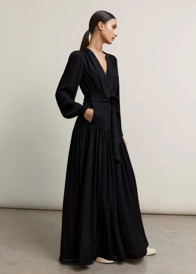 Women Silk Statement VNeck Maxi Dress Belt Black MEEM