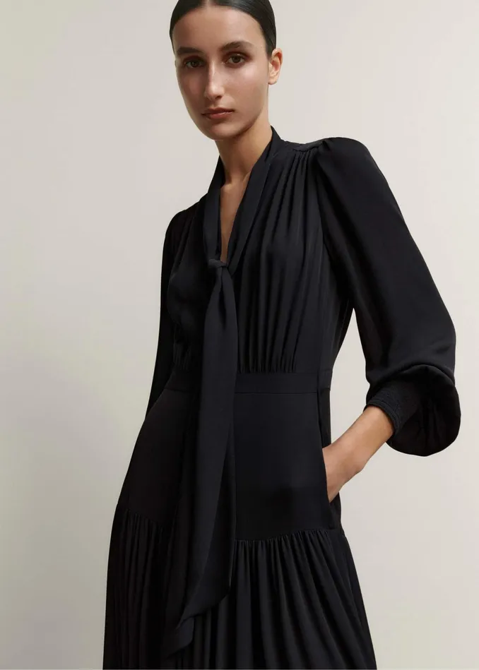 Women Silk Statement VNeck Maxi Dress Belt Black MEEM