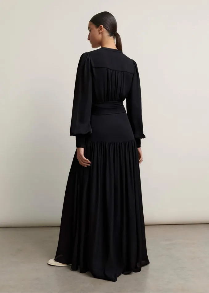 Women Silk Statement VNeck Maxi Dress Belt Black MEEM