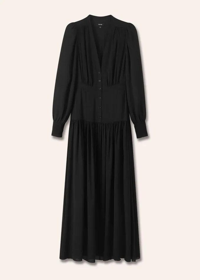 Women Silk Statement VNeck Maxi Dress Belt Black MEEM