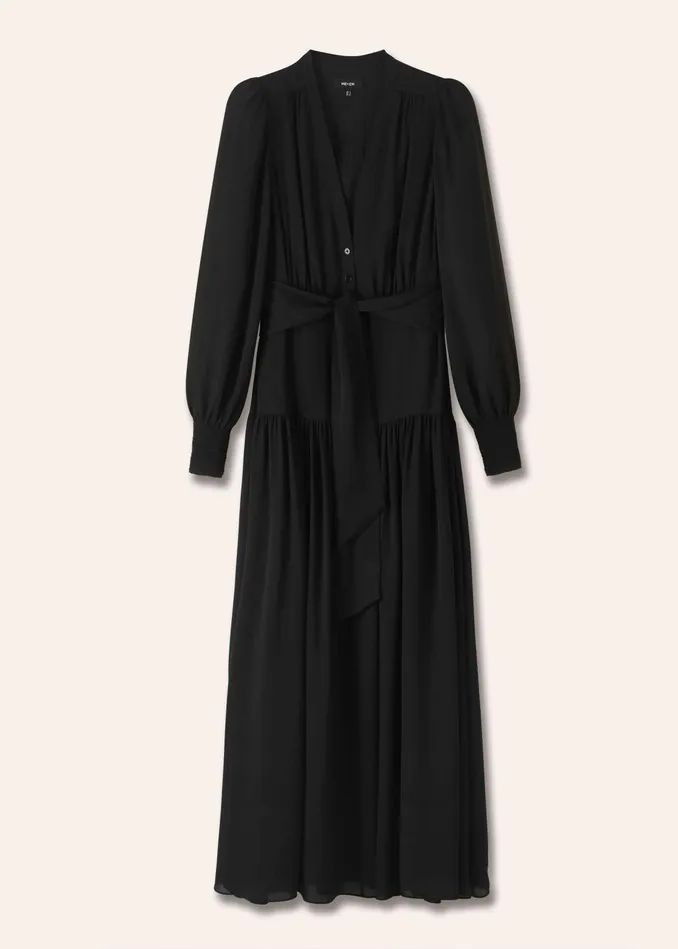 Women Silk Statement VNeck Maxi Dress Belt Black MEEM