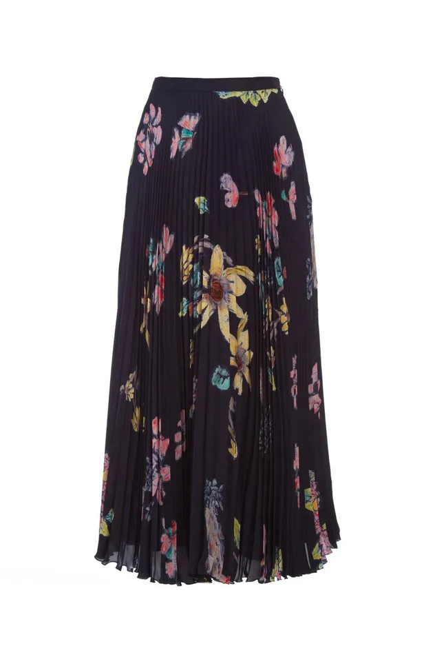 Women Skirts Gabriela Hearst Eames Corrugated Skirt In Dark Navy Multi Printed Silk Georgette