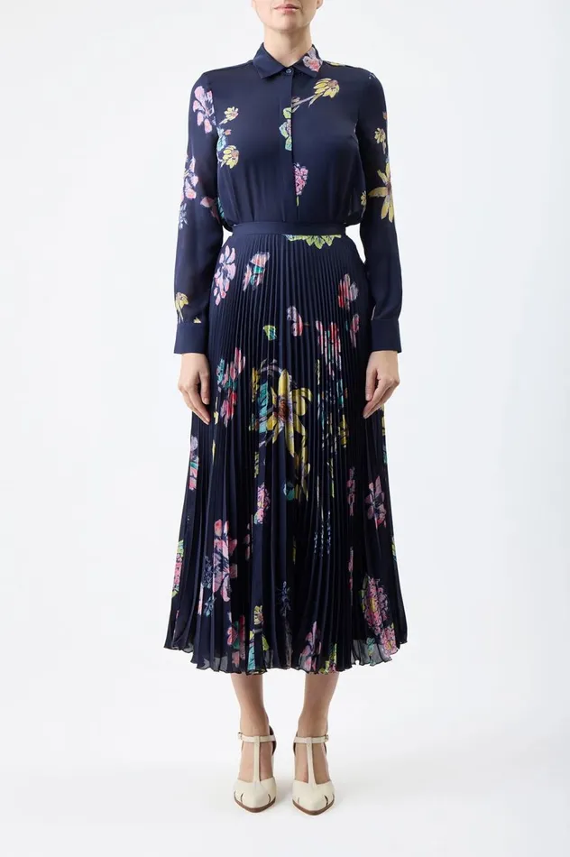 Women Skirts Gabriela Hearst Eames Corrugated Skirt In Dark Navy Multi Printed Silk Georgette
