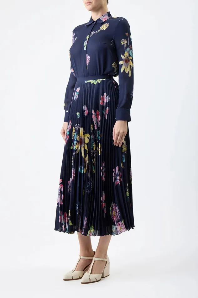 Women Skirts Gabriela Hearst Eames Corrugated Skirt In Dark Navy Multi Printed Silk Georgette