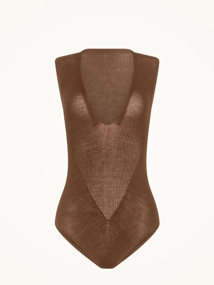 Women Sleeveless Bodies Wolford Aurora Rib Net Body Soft Cacao