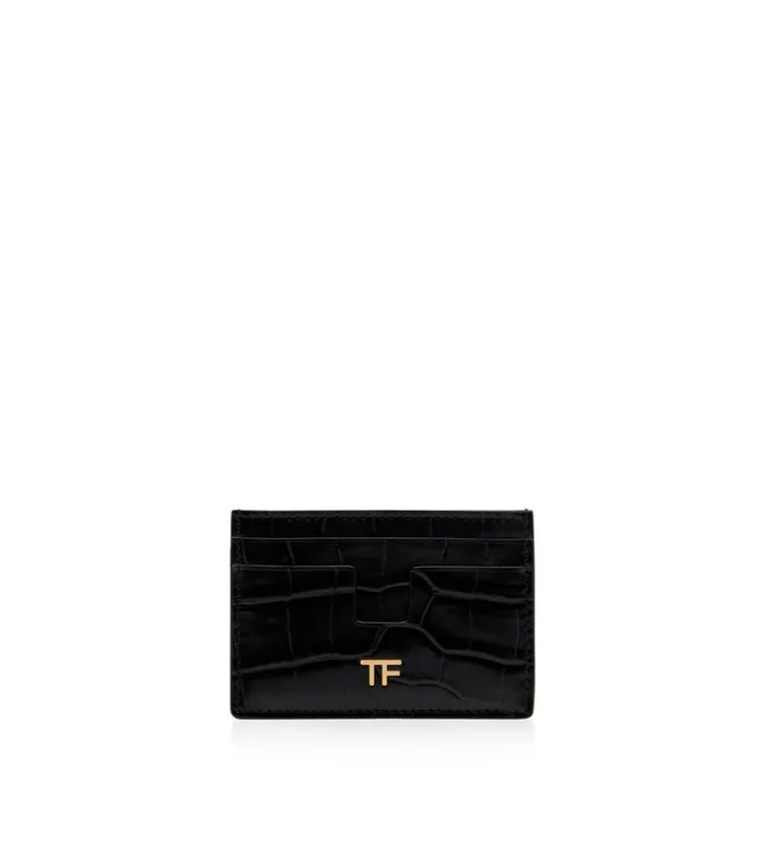 Women Small Leather Goods Tom Ford Shiny Stamped Crocodile Leather Classic Tf Card Holder Black