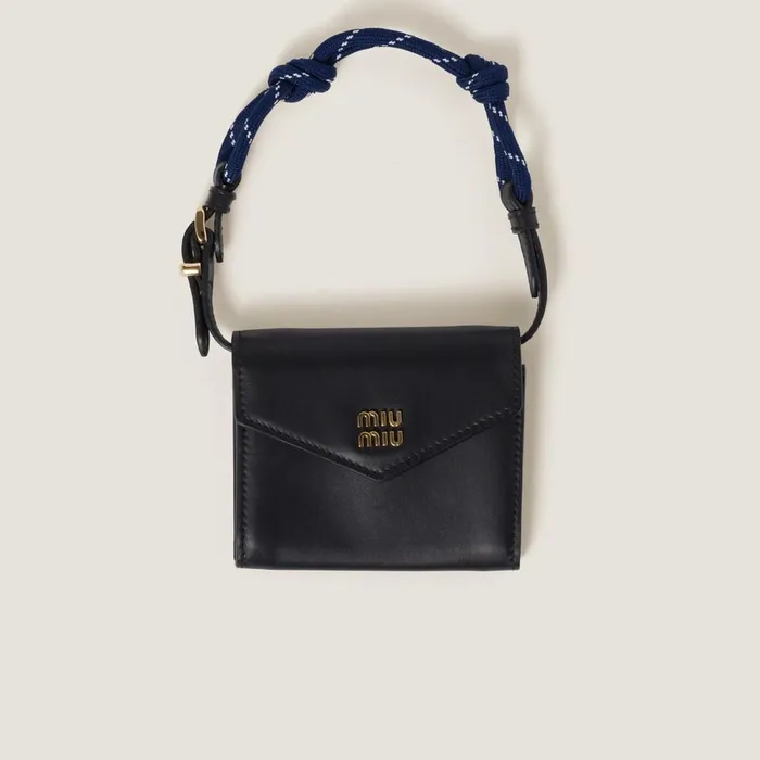Women Small Wallets Miu Miu Leather Wallet With Leather And Cord Shoulder Strap Blackbaltic Blue Women Small Wallets Miu Miu Leather Wallet With Leather And Cord Shoulder Strap Blackbaltic Blue