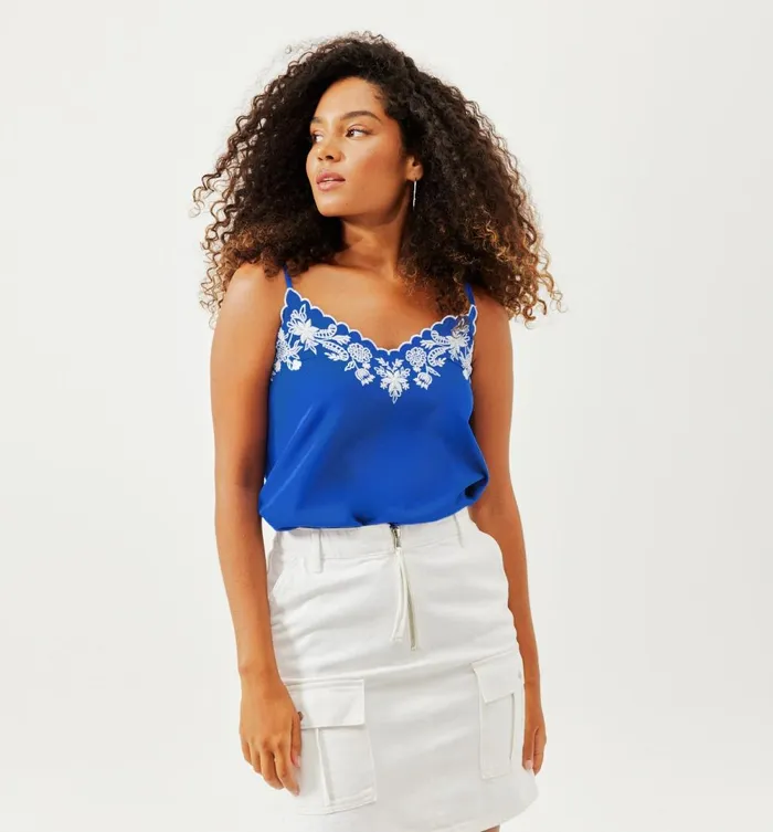 Women Strappy Embroidered Top 8211 Blue Promod Tops