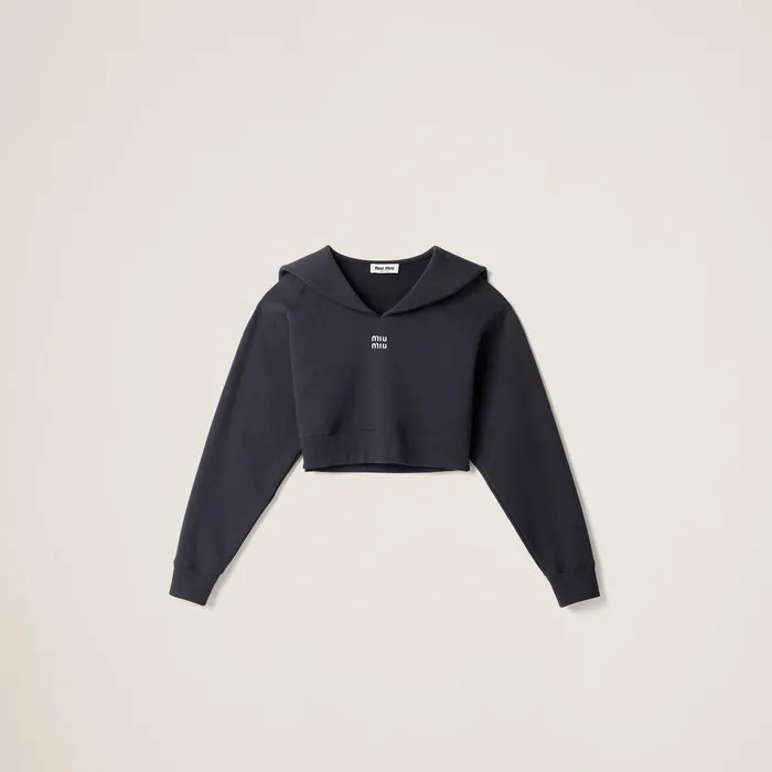 Women TShirts And Sweatshirts Miu Miu Cotton Fleece Sweatshirt With Embroidered Logo Navy