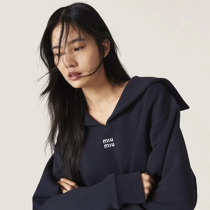 Women TShirts And Sweatshirts Miu Miu Cotton Fleece Sweatshirt With Embroidered Logo Navy Women TShirts And Sweatshirts Miu Miu Cotton Fleece Sweatshirt With Embroidered Logo Navy