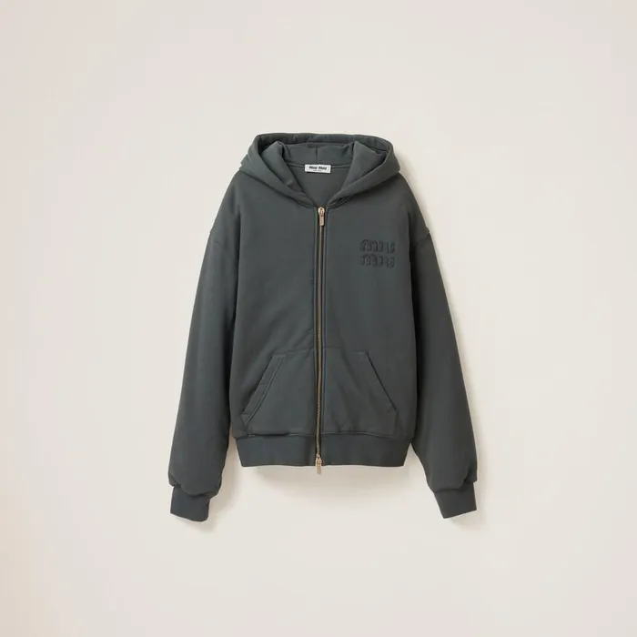 Women TShirts And Sweatshirts Miu Miu Garment Dyed Cotton Fleece Hoodie Iron Gray