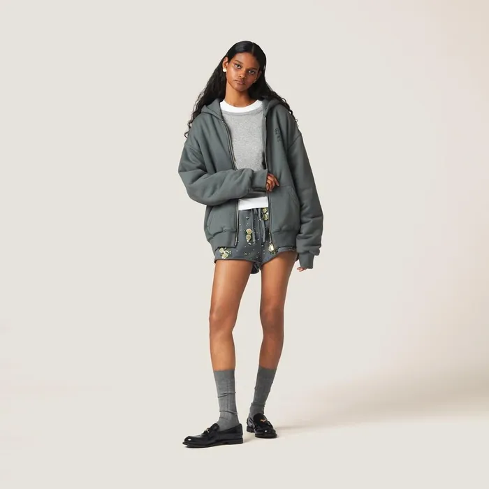 Women TShirts And Sweatshirts Miu Miu Garment Dyed Cotton Fleece Hoodie Iron Gray Women TShirts And Sweatshirts Miu Miu Garment Dyed Cotton Fleece Hoodie Iron Gray