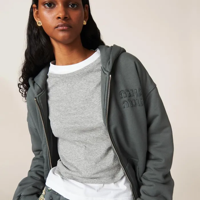 Women TShirts And Sweatshirts Miu Miu Garment Dyed Cotton Fleece Hoodie Iron Gray Women TShirts And Sweatshirts Miu Miu Garment Dyed Cotton Fleece Hoodie Iron Gray