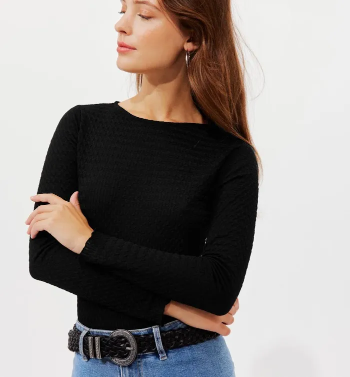Women Textured Top 8211 Black Promod Tops Women Textured Top 8211 Black Promod Tops