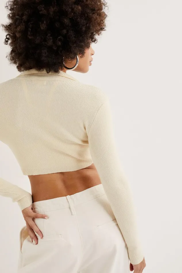 Women Tops For Love and Lemons Mona Cropped Polo Sweater Ivory Women Tops For Love and Lemons Mona Cropped Polo Sweater Ivory
