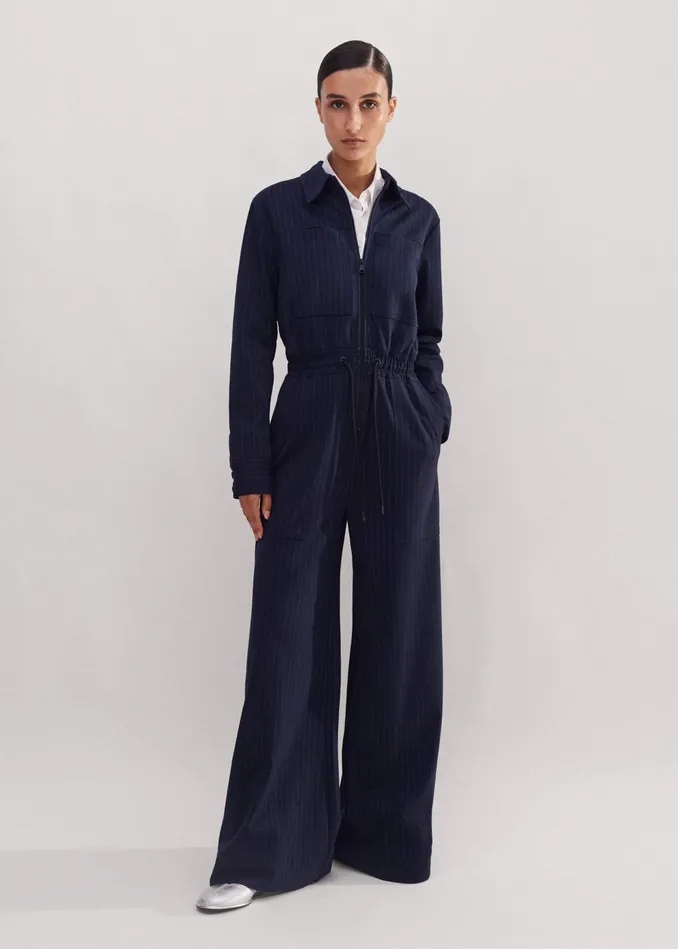 Women Travel Tailoring Pinstripe Jumpsuit Navywhite MEEM