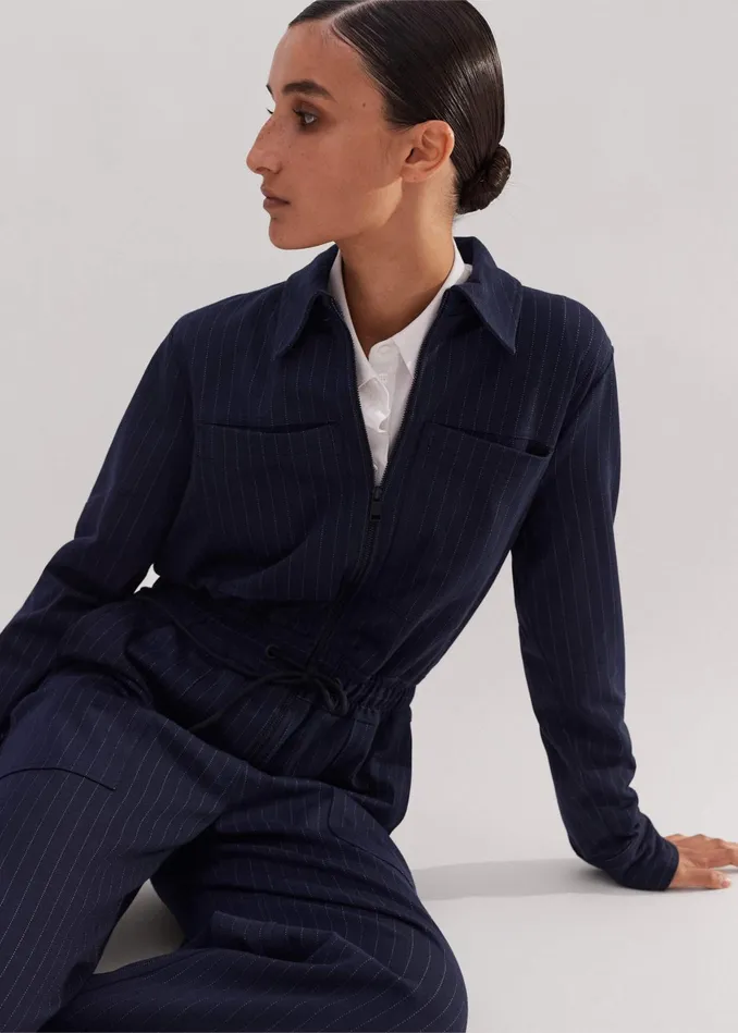 Women Travel Tailoring Pinstripe Jumpsuit Navywhite MEEM