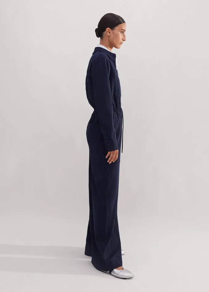 Women Travel Tailoring Pinstripe Jumpsuit Navywhite MEEM
