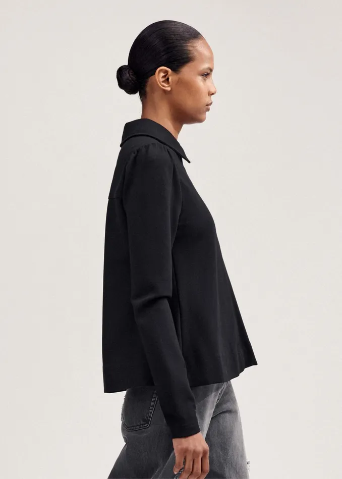 Women Travel Tailoring Shirt Collar Swing Top Black MEEM