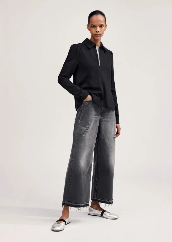 Women Travel Tailoring Shirt Collar Swing Top Black MEEM