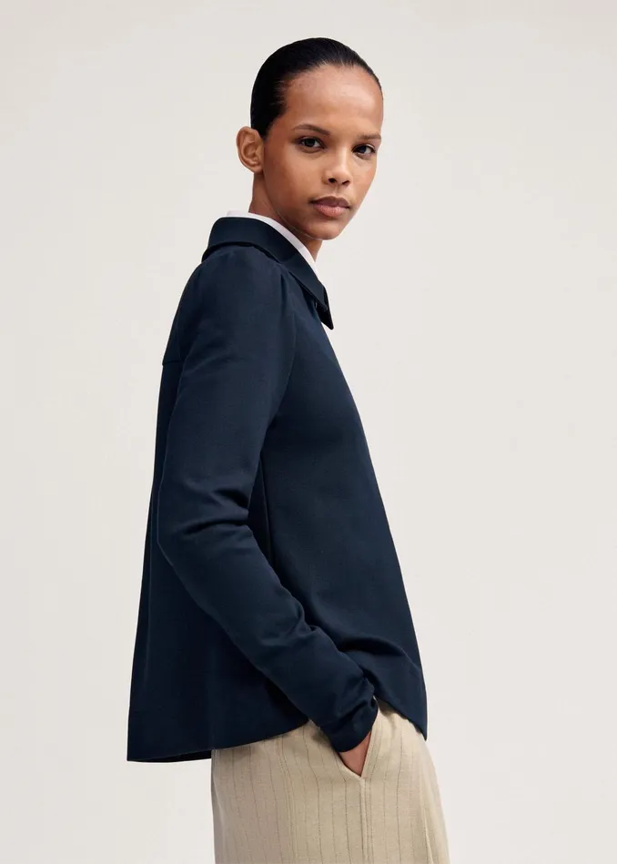 Women Travel Tailoring Shirt Collar Swing Top Navy MEEM