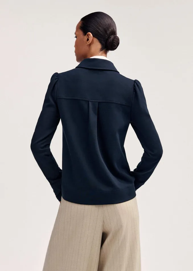 Women Travel Tailoring Shirt Collar Swing Top Navy MEEM