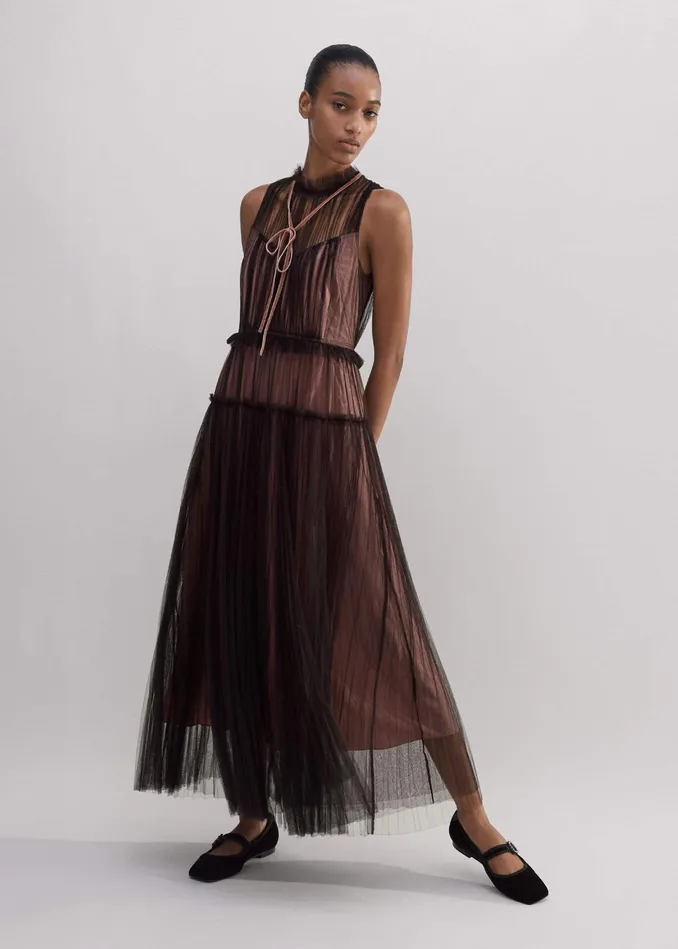 Women Tulle Maxi Dress Tie Chocolate Brownpink MEEM