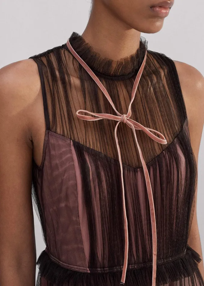 Women Tulle Maxi Dress Tie Chocolate Brownpink MEEM