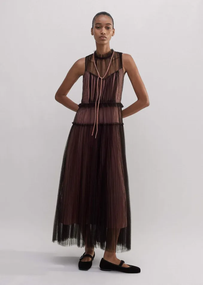 Women Tulle Maxi Dress Tie Chocolate Brownpink MEEM