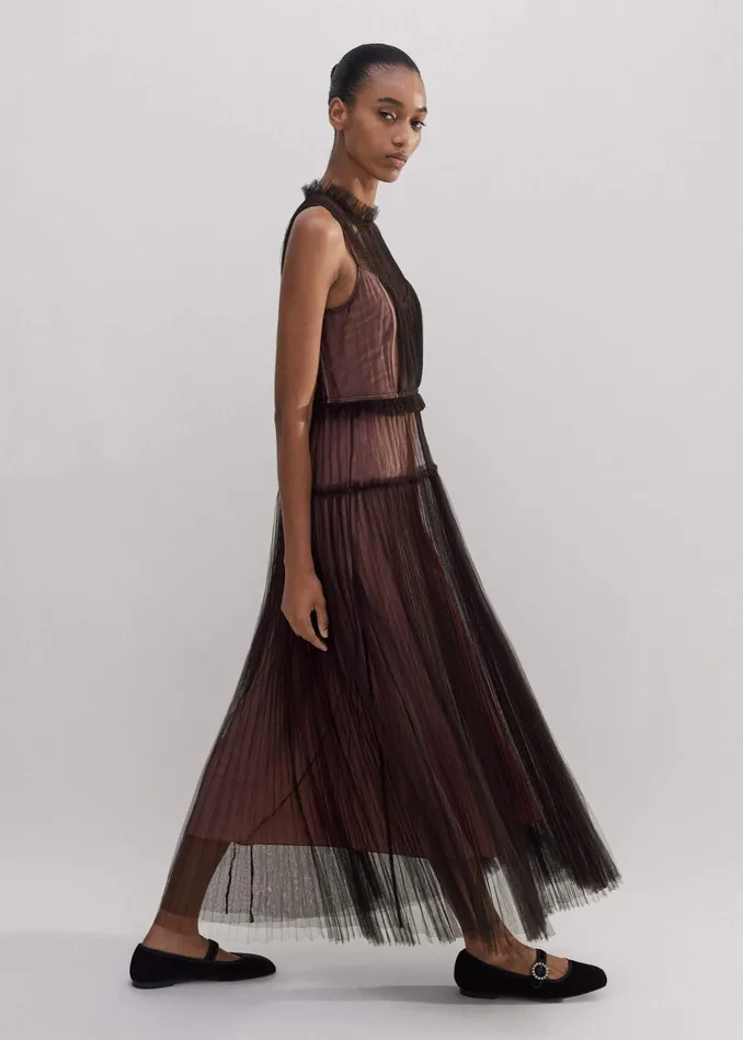 Women Tulle Maxi Dress Tie Chocolate Brownpink MEEM